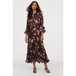 NWT JOHANNA ORTIZ x H&M Dress M Crepe Brown Pink Rose Flared Flounce Ruffle Bow